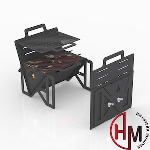 Puede incluir: Una parrilla plegable de metal negro con una rejilla extraíble. La parrilla está en posición abierta, mostrando el hogar y la rejilla. La parrilla está diseñada para ser portátil y fácil de usar.