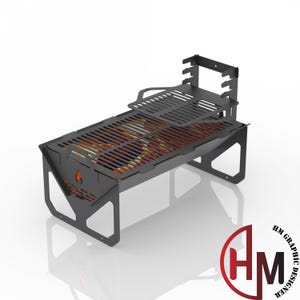 May include: A black metal grill with two removable grates. The grill is designed to be portable and has a folding design.