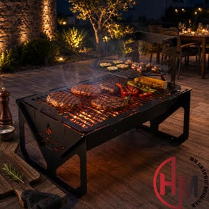 May include: A black metal portable grill featuring a two-tier cooking surface with a lower grate holding seared steaks and an upper rack with sliced zucchini, mushrooms, peppers, and corn on the cob, all positioned over glowing orange embers.