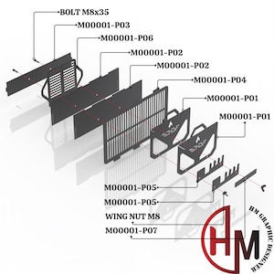 May include: Diagram showing the assembly of a metal grill with various parts labeled with part numbers and descriptions. The parts include a grill grate, side panels, a firebox, and a bolt. The diagram also includes the text "HM GRAPHIC DESIGNER".