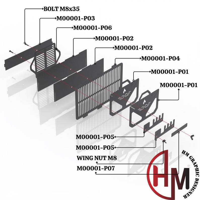 May include: Diagram showing the assembly of a metal grill with various parts labeled with part numbers and descriptions. The parts include a grill grate, side panels, a firebox, and a bolt. The diagram also includes the text "HM GRAPHIC DESIGNER".