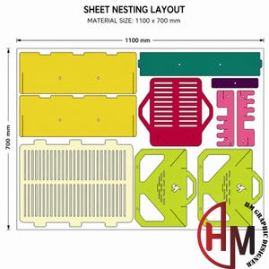 May include: A sheet nesting layout diagram labeled SHEET NESTING LAYOUT with a material size of 1100 x 700 mm. The image displays various flat, colorful geometric shapes in yellow, green, red, pink, and cream, arranged for laser cutting.