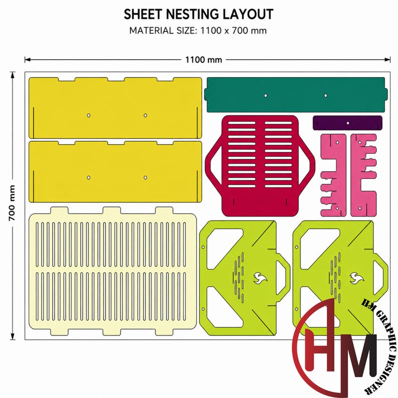 May include: A sheet nesting layout diagram labeled SHEET NESTING LAYOUT with a material size of 1100 x 700 mm. The image displays various flat, colorful geometric shapes in yellow, green, red, pink, and cream, arranged for laser cutting.