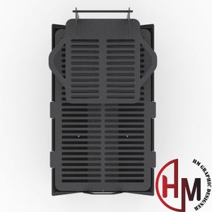 May include: Black metal grill with a removable top grate. The grill has a rectangular shape and is made of sturdy metal.