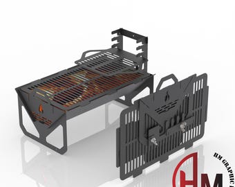 May include: A black metal portable grill with a rectangular cooking grate, a vertical rack attachment, and a separate flat panel piece featuring a flame cutout. The grill has a modular design with slotted side supports and a logo in the corner.