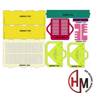 May include: A collection of flat, laser-cut components in yellow, green, purple, pink, cream, and lime green. The pieces are labeled M00001-P01 through M00001-P07 and include rectangular panels, a slotted grate, and side supports with flame icons.