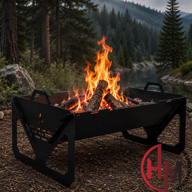 May include: A black metal fire pit with a rectangular basin and angled support legs, featuring a small flame cutout on the side. Inside the fire pit, bright orange and yellow flames rise from burning wooden logs, creating a warm glow.
