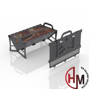 Op de afbeelding: Een zwarte, opvouwbare grill van metaal met een grillrooster en een handvat. De grill is opgevouwen en klaar om opgeborgen te worden.