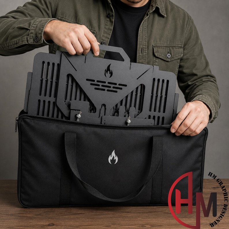 May include: A black, foldable, flat-pack metal grill featuring a laser-cut flame icon and ventilation slots, partially inserted into a matching black fabric carrying bag with a white flame logo printed on the front center of the bag.