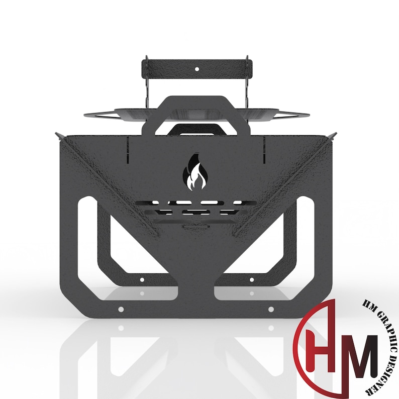 May include: A black metal fire pit with a grill grate and a removable cooking grate. The fire pit has a triangular shape and a logo with a flame design.