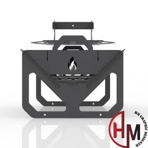 May include: A black metal portable fire pit with a triangular frame and a cutout flame icon on the front panel. The structure features a flat top surface, side handles, and a sturdy base. The design includes a small rectangular bracket at the top.