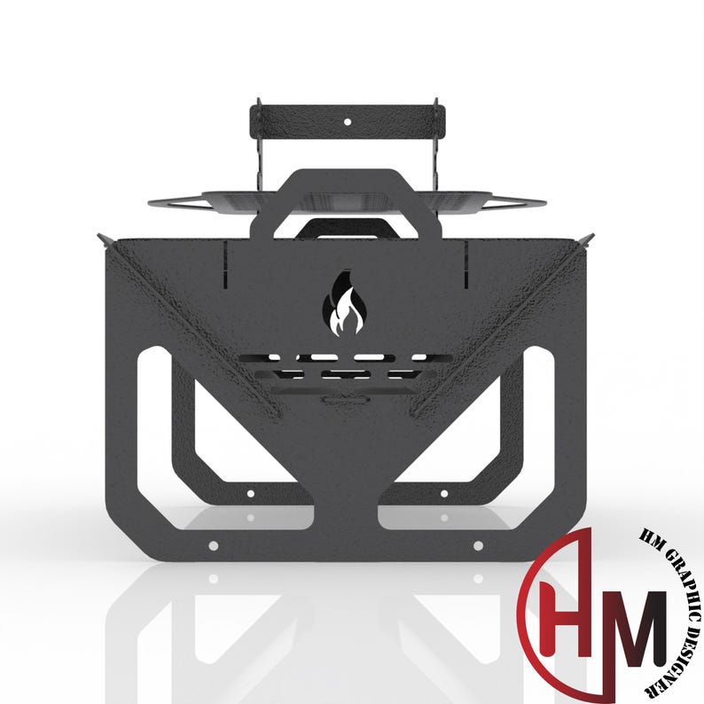 May include: A black metal portable fire pit with a triangular frame and a cutout flame icon on the front panel. The structure features a flat top surface, side handles, and a sturdy base. The design includes a small rectangular bracket at the top.