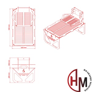 May include: Line drawing of a red metal grill with dimensions labeled in inches. The grill is made up of a rectangular frame with a grate inside. The grate is made up of a series of parallel lines. The grill is shown in two different positions, one with the grate folded up and one with the grate unfolded. The grill is labeled with the text "HM Graphic Designer".