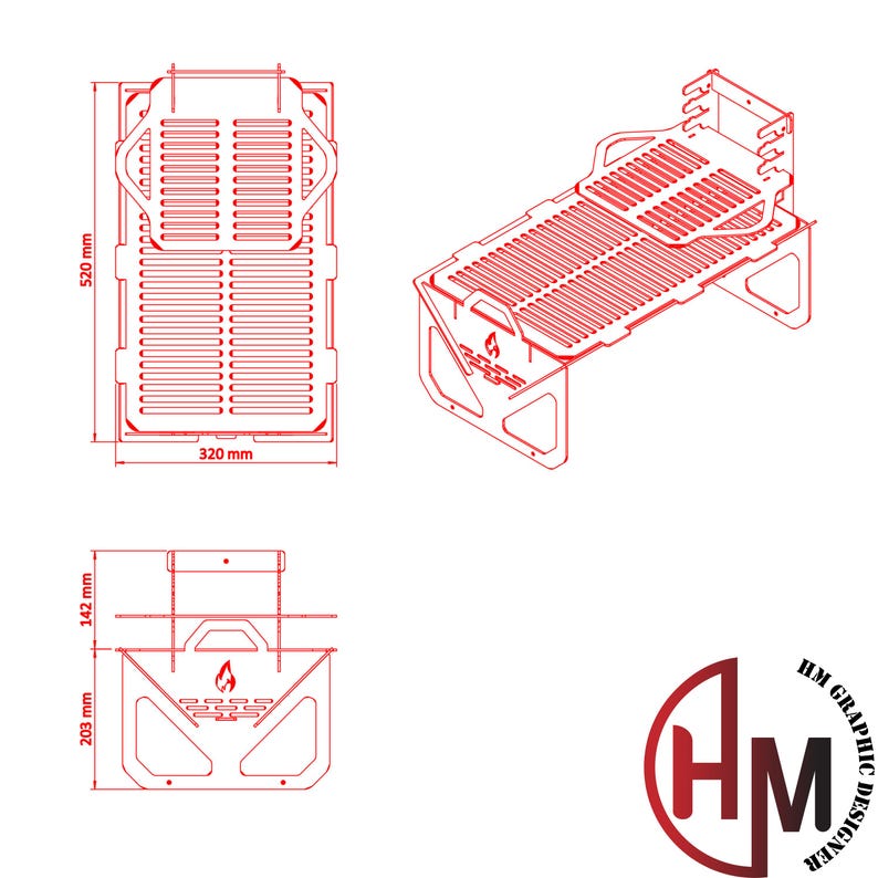 May include: Line drawing of a red metal grill with dimensions labeled in inches. The grill is made up of a rectangular frame with a grate inside. The grate is made up of a series of parallel lines. The grill is shown in two different positions, one with the grate folded up and one with the grate unfolded. The grill is labeled with the text "HM Graphic Designer".