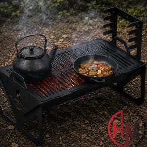 May include: A black metal portable grill with a vertical rack, featuring a black kettle on the left and a black skillet containing cooked vegetables and meat on the right. The grill has a slatted surface with glowing embers visible underneath.