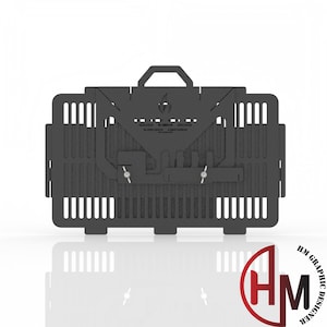May include: A black metal fire grate with a handle and a grill design. The grate is folded up and has a logo that says "HM Graphic Designer".