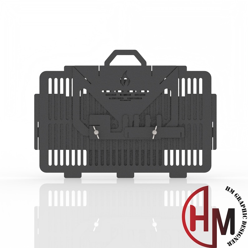 May include: A black metal fire grate with a handle and a grill design. The grate is folded up and has a logo that says "HM Graphic Designer".