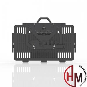 May include: A matte black, rectangular, foldable metal grill featuring a central handle, vertical ventilation slats, and a geometric flame cutout design. The structure includes adjustable metal components secured with two silver-toned wing nuts.