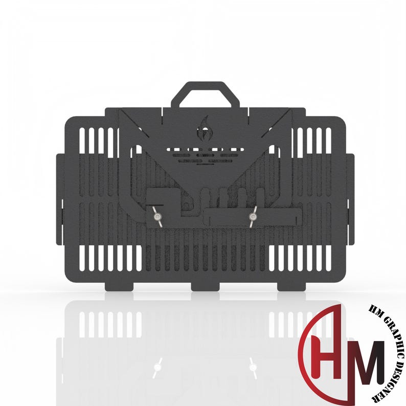 May include: A matte black, rectangular, foldable metal grill featuring a central handle, vertical ventilation slats, and a geometric flame cutout design. The structure includes adjustable metal components secured with two silver-toned wing nuts.