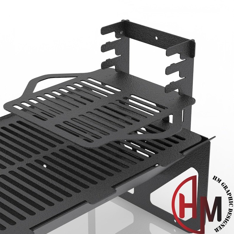 May include: Black metal grill with two removable grates. The top grate has a handle. The grill has a side shelf with a metal bracket.