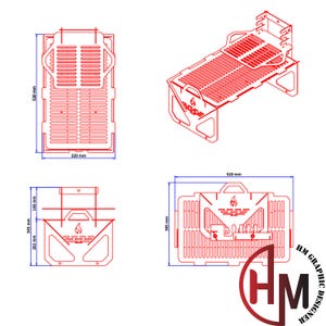 May include: A red line drawing of a portable metal grill with multiple views showing dimensions in millimeters. The design includes a flat cooking surface, side supports, and a flame icon. The total height is 365 mm and width is 520 mm.