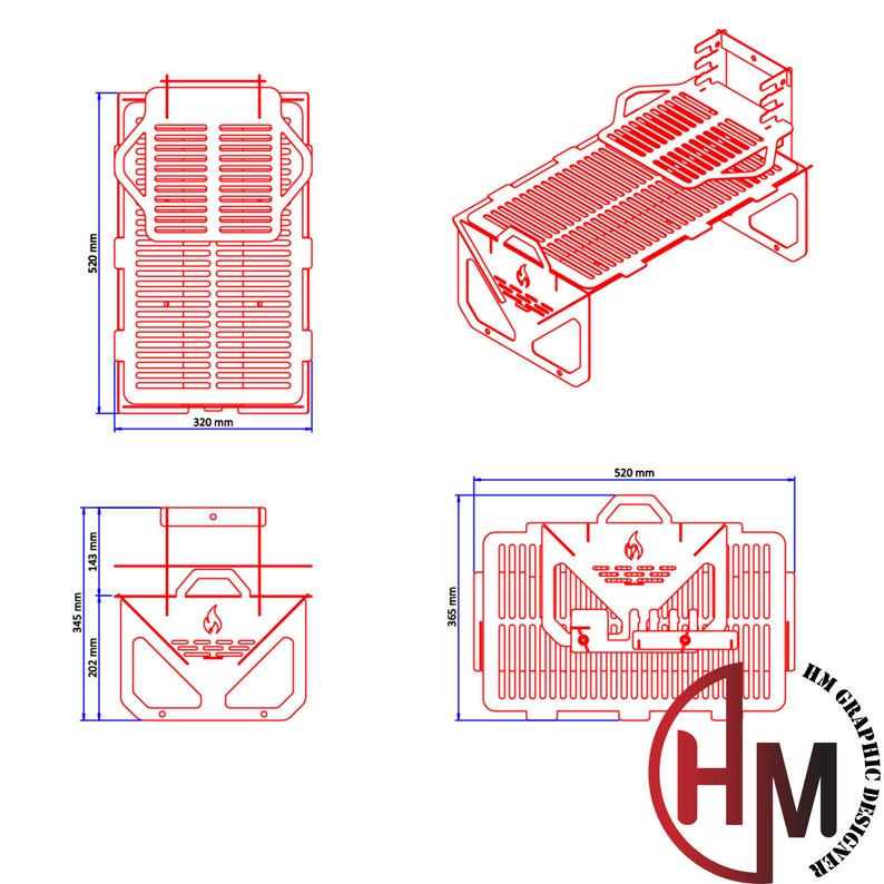 May include: A red line drawing of a portable metal grill with multiple views showing dimensions in millimeters. The design includes a flat cooking surface, side supports, and a flame icon. The total height is 365 mm and width is 520 mm.