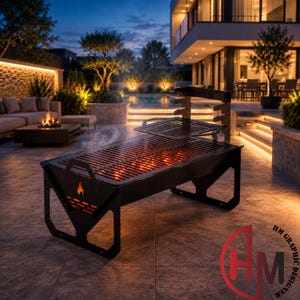 May include: A black metal outdoor grill featuring a rectangular firebox with glowing embers, a primary cooking grate, and an elevated secondary rack. The structure includes side panels with flame-shaped cutouts and a sturdy frame base.