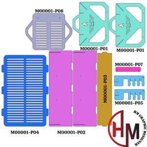 May include: A set of laser cut wood pieces for a DIY project. The pieces are labeled with the text "M00001-P01", "M00001-P02", "M00001-P03", "M00001-P04", "M00001-P05", "M00001-P06", and "M00001-P07". The pieces are in various colors, including blue, purple, pink, and brown.