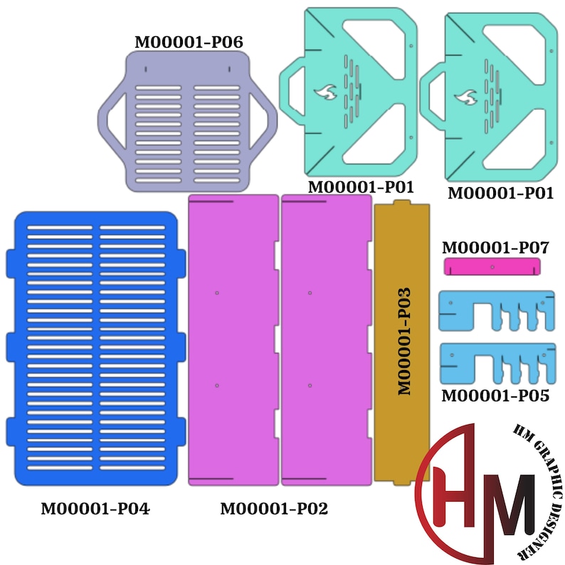 May include: A set of laser cut wood pieces for a DIY project. The pieces are labeled with the text "M00001-P01", "M00001-P02", "M00001-P03", "M00001-P04", "M00001-P05", "M00001-P06", and "M00001-P07". The pieces are in various colors, including blue, purple, pink, and brown.