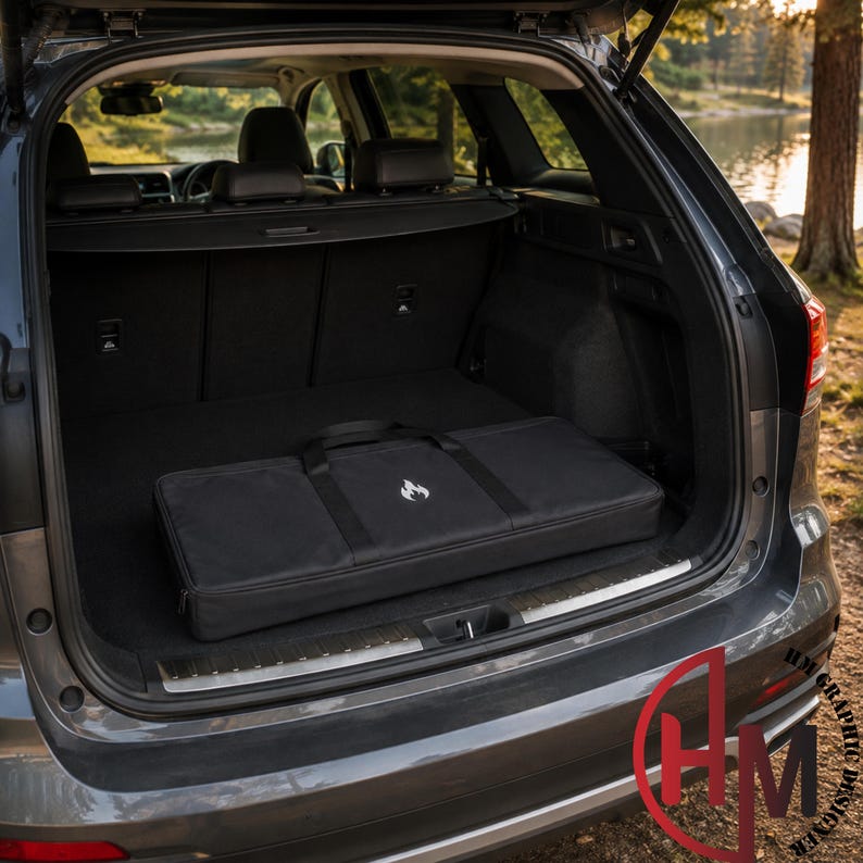 May include: A rectangular black carrying case with a white flame logo on the front, positioned inside the open trunk of a dark gray vehicle. The case features two black fabric handles and a zippered closure, resting flat on the dark interior floor.