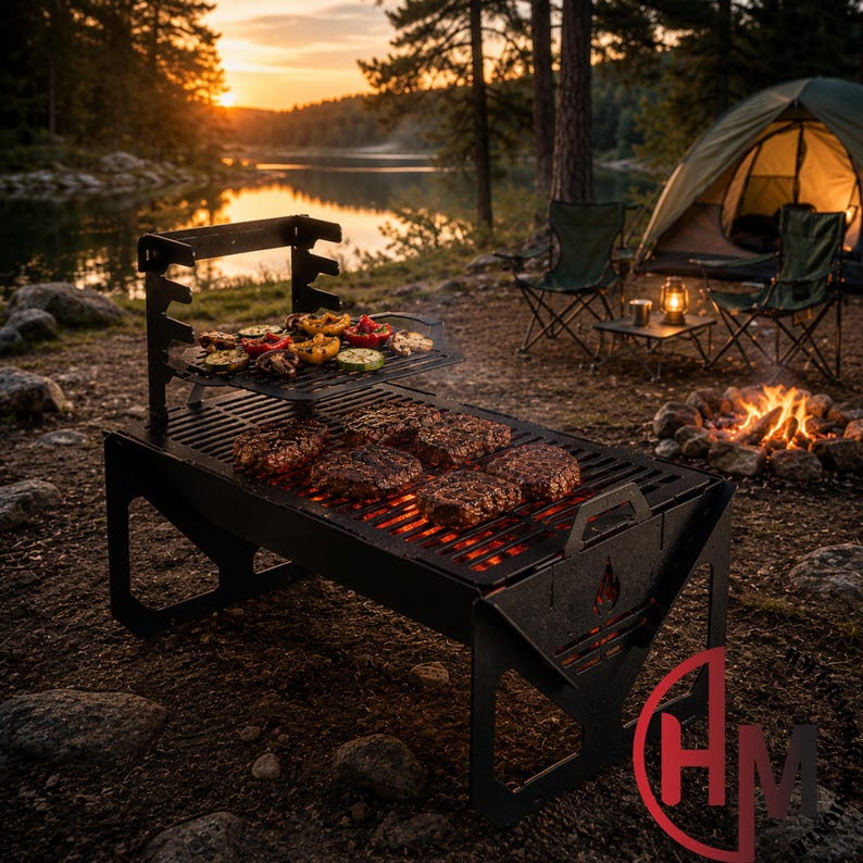 May include: A black metal portable camping grill with a two-tier design. The lower grate holds several seared meat patties over glowing orange embers, while the upper rack features grilled sliced vegetables including peppers and zucchini.