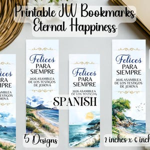 Puede incluir: Conjunto de cinco marcapáginas imprimibles de JW con diseños de paisajes de playa. Cada marcapáginas presenta el texto "Felices Para Siempre" y "2026 Asamblea de los Testigos de Jehová". Los marcapáginas miden 5 cm x 15 cm.