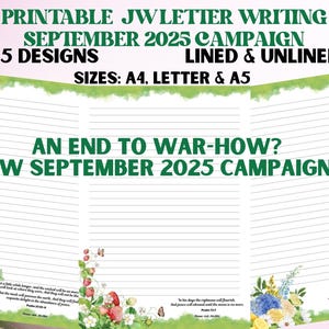 Puede incluir: Campaña de escritura de cartas JW imprimible para septiembre de 2025, con 5 diseños, opciones con y sin líneas, y disponible en tamaños A4, Letter y A5. El diseño incluye el texto "¿El fin de la guerra?" y "Campaña JW Septiembre 2025".