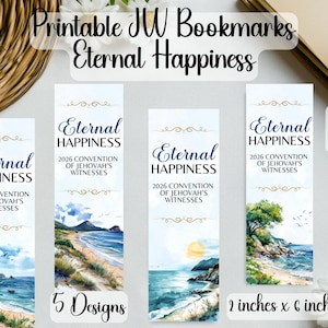 Peut inclure: Ensemble de cinq marque-pages imprimables avec des scènes de plage à l'aquarelle, avec le texte "Eternal Happiness" et "2026 Convention of Jehovah's Witnesses." Les marque-pages mesurent 5 cm sur 15 cm.