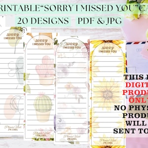Tarjetas imprimibles con el mensaje "Lo siento, no te encontré"_Suministros para el ministerio de los TJ_20 diseños florales_2 x 6 pulgadas_Visitas de regreso de los TJ_Predicación puerta a puerta de los TJ