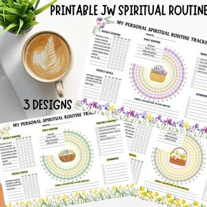 Puede incluir: Conjunto de tres hojas imprimibles de seguimiento de rutina espiritual JW. Cada hoja presenta un borde floral con una cesta de flores y un gráfico circular para realizar un seguimiento de las rutinas diarias, semanales y mensuales. El texto "Mi seguimiento de rutina espiritual personal" está en la parte superior de cada página.