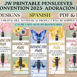 Puede incluir: Fundas de bolígrafo imprimibles con diseños florales y de mariposas, con el texto "ADORACIÓN PURA" y "2025 ASAMBLEA DE LOS TESTIGOS DE JEHOVA." El archivo digital incluye 10 diseños y se puede usar como marcapáginas.