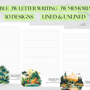 Carta JW para impressão_JW Memorial 2025_Conjunto de papelaria da campanha JW - 10 designs inspirados na natureza - com e sem linhas - tamanho A4, A5 e carta