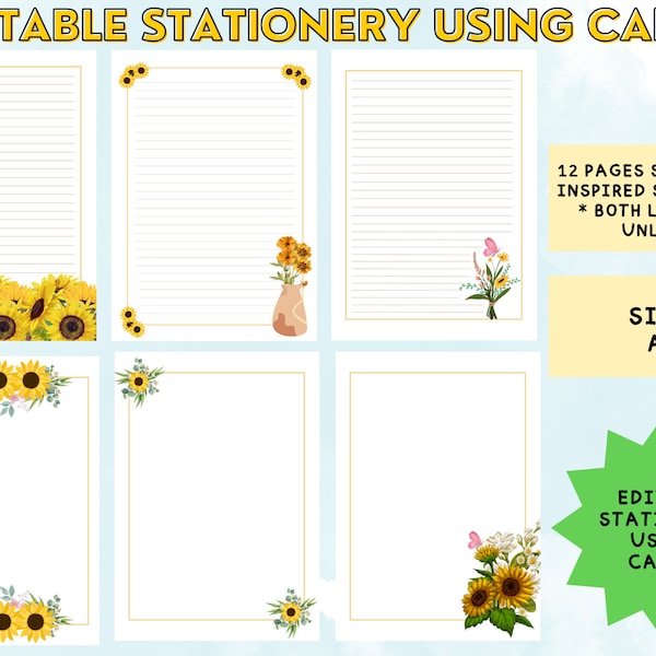 Canva Editable Sunflower Inspired Stationery 6 Designs - Lined and Unlined - A4 size