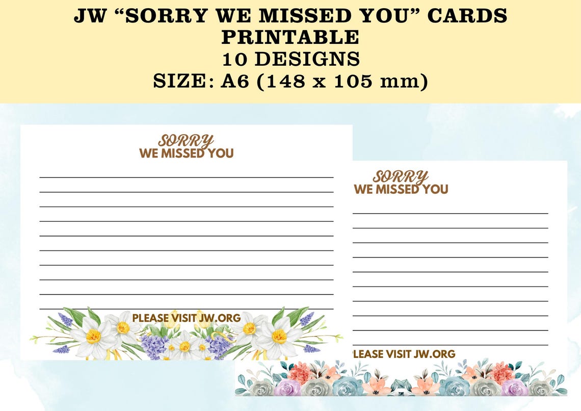 JW sorry We Missed You Printable Cards_jw Ministry_a6 Size_10 Floral ...
