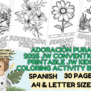 JW Adoración Pura_Libro de actividades para colorear imprimible de la Convención JW 2025 en español_30 páginas (tamaño A4 y carta)_Libro para colorear JW Kids en español