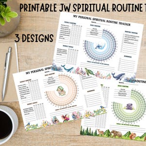 May include: Three printable designs for a spiritual routine tracker. Each design features a different watercolor illustration: a blue whale, a birdhouse, and a koala. The tracker includes sections for weekly, daily, and monthly routines, as well as goals and reminders.