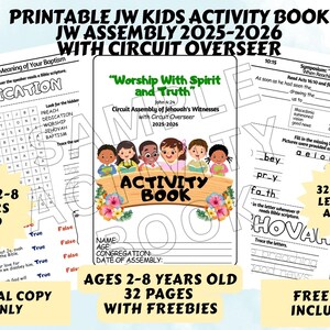 May include: Printable JW Kids Activity Book for the JW Assembly 2025-2026, with Circuit Overseer. The cover features the text "Worship With Spirit and Truth" and illustrations of children. Includes 32 pages, letter and A4 size, for ages 2-8 years old.