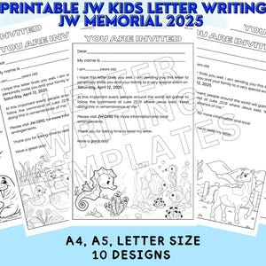Invitación conmemorativa de JW 2025: paquete de escritura de cartas para niños de JW: Lucas 22:19: 10 diseños, tamaño A4, A5 y carta