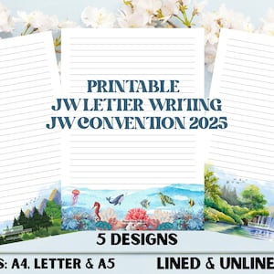 Papelería imprimible para escribir cartas de los TJ - Convención TJ 2025 Adoración Pura - 5 diseños - Con y sin raya - Visite la papelería JW Org