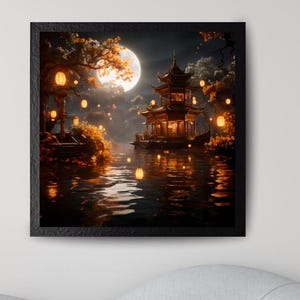 Full Moon Lantern Poster, Oriental Lantern Art Print, Celestial Decor, Night Landscape Print, Fantasy River Lantern, Lantern Festival Art