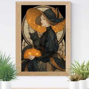 Witch and Black Cat Art Nouveau Print: Gothic Halloween Wall Decor