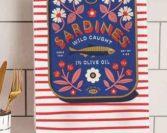 Sardine Kitchen Towel Tin Fish Print Cotton Dish Cloth Mediterranean Kitchen Decor Nautical Cooking Accessory Gift for Seafood Lover Home