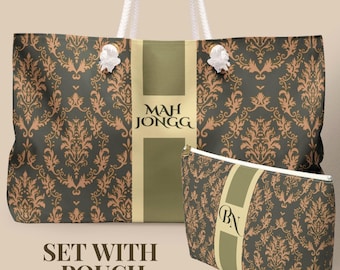 Monogrammed Mahjong Tile Bag Mustard Green Travel Pouch Personalized Preppy Accessory Fall Style Mah jongg Gift for team