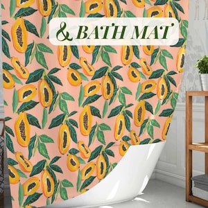 Tropical Shower Curtain Papaya Print Bright Orange Bathroom Decor Summer House Fruit Shower Curtain Colorful Fun Bath Decor Fruit Bath Mat